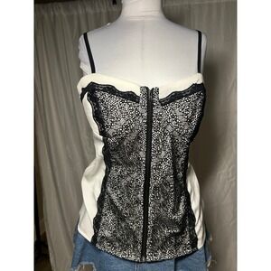 Y2K 2b Bebe Black Lace White Bustier Camisole Zip Front Corset Top XL